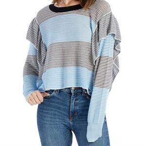 WILDFOX Aura Sweater Blue & Grey Striped Ruffle crew neck cropped M